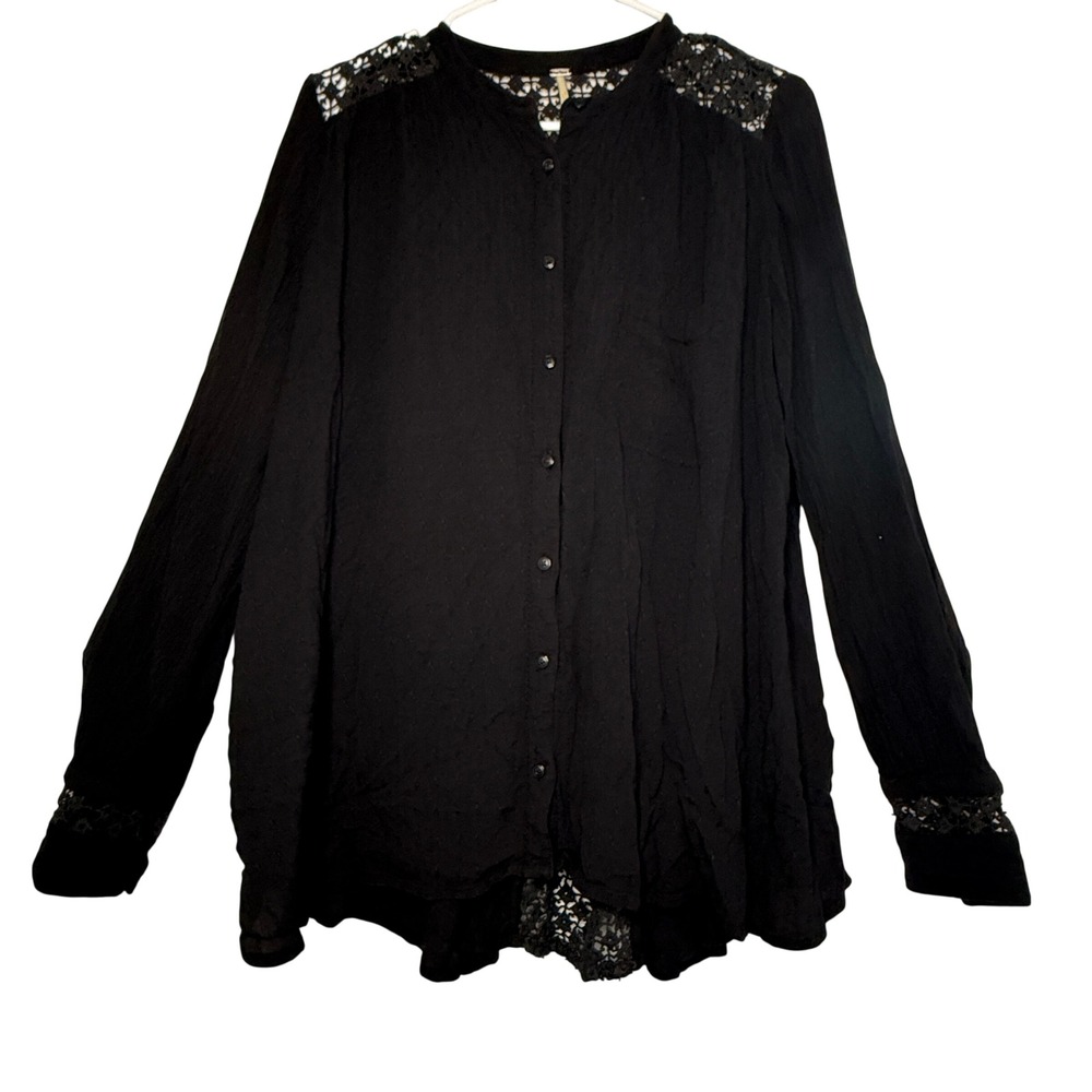 Free People Crochet Back Gauze Top M Black Lace Cotton Boho Button Shirt
